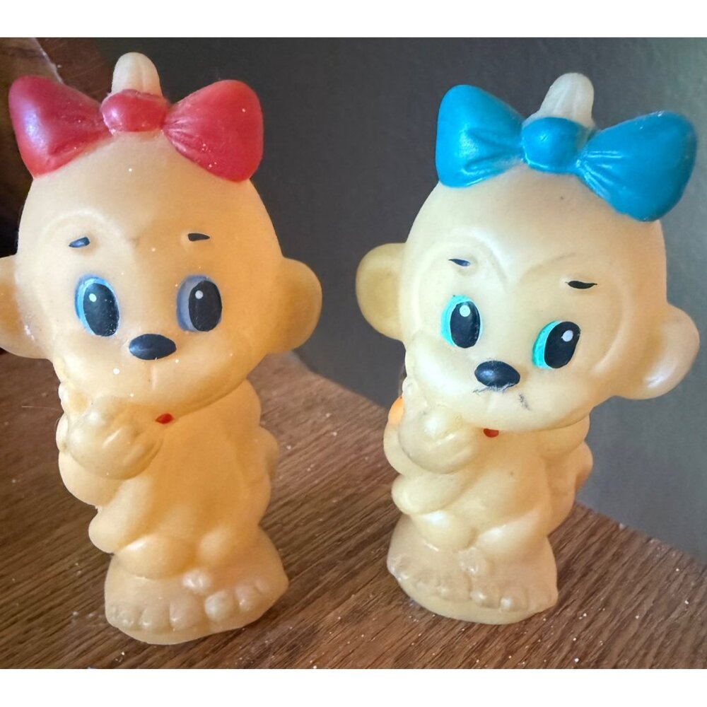 Vintage Soviet-era Rubber Monkey Figurines With Red & Blue Bows Soft Toy Squeaky